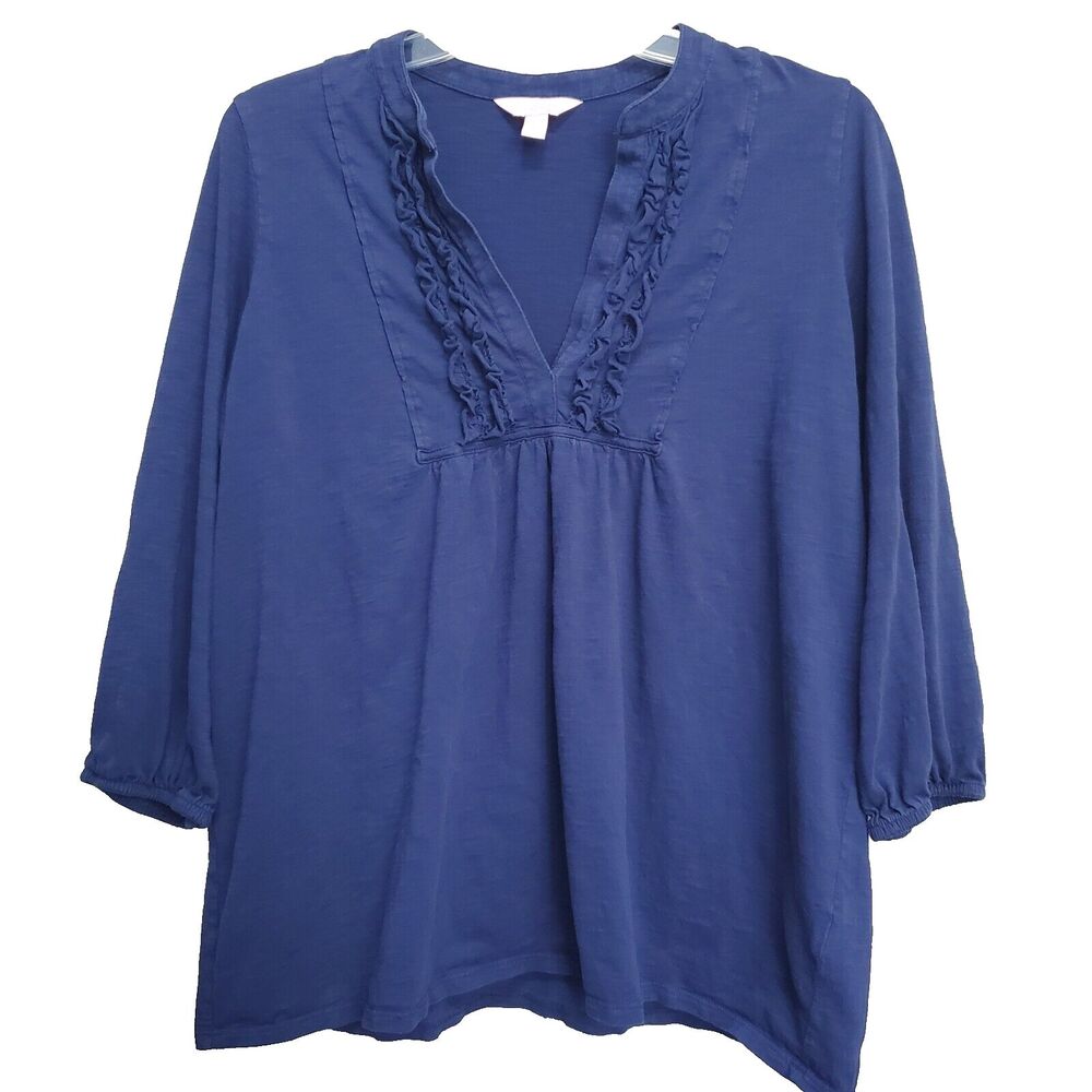 Lilly Pulitzer Blue Pima Cotton Ruffle V-Neck Knit Top Size Large